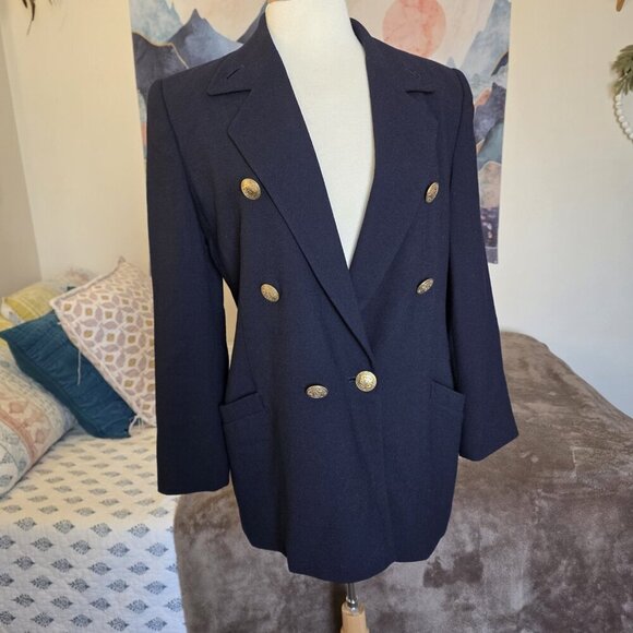 Linda Allard Ellen Tracy Blazer Women’s 8 Navy Wool Double Breasted Gold - Picture 2 of 16